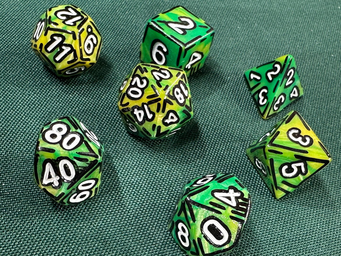 Yellow and Green (7) Acrylic DnD Dice Set