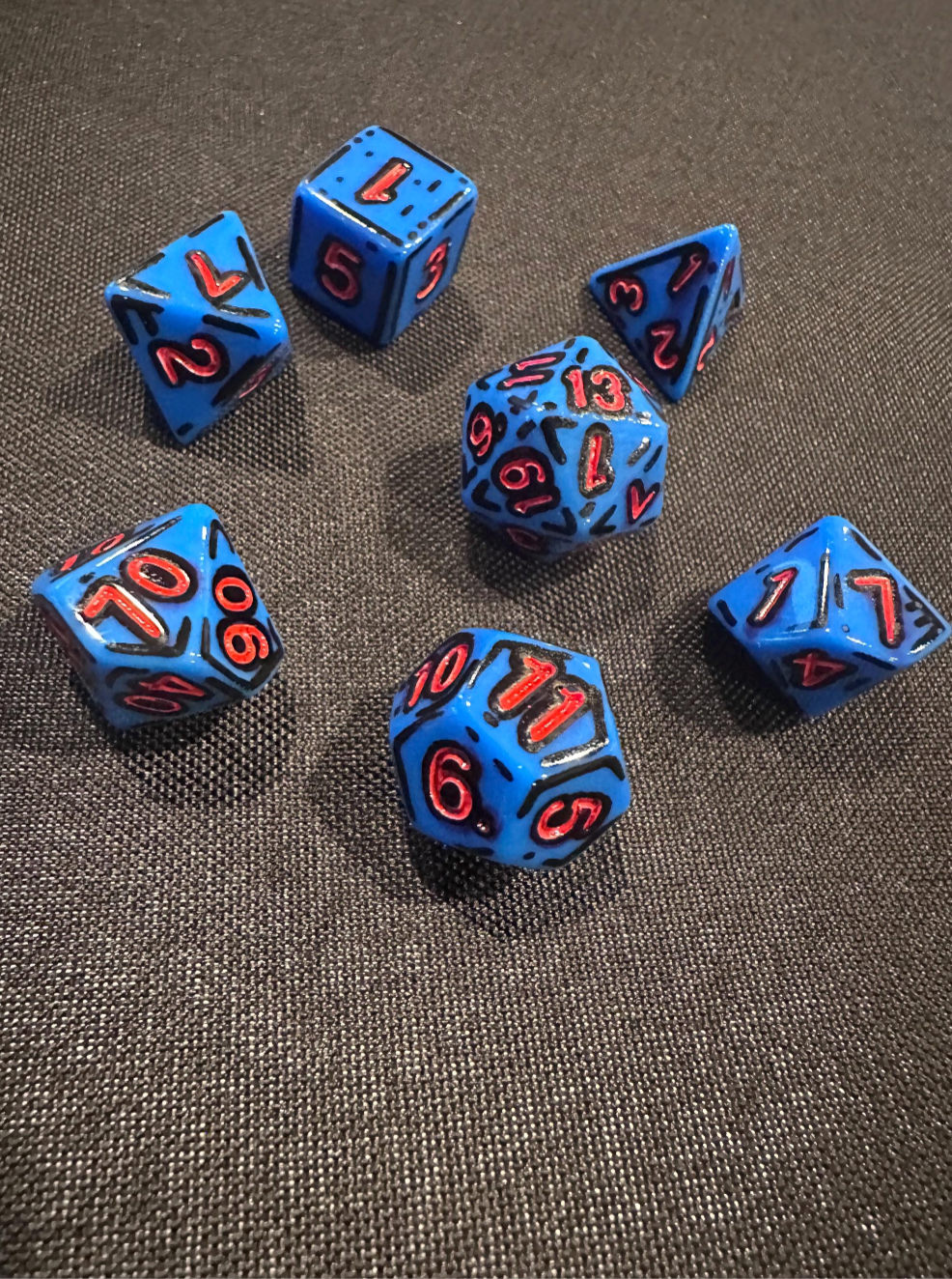 Blue and Red (7) Cel-Shaded Acrylic DnD Dice Set