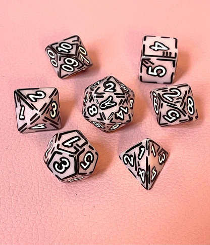 Pink and White (7) Cel-Shaded Acrylic DnD Dice Set
