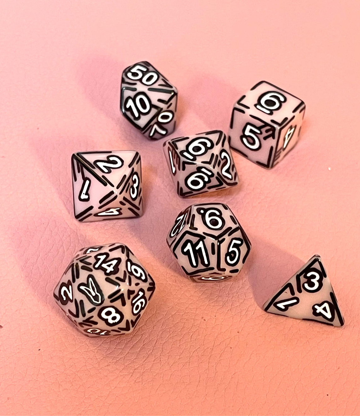 Pink and White (7) Cel-Shaded Acrylic DnD Dice Set