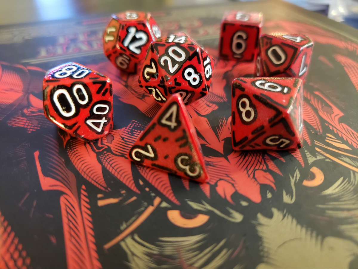 Red and White (7) Cel-Shaded Acrylic DnD Dice Set