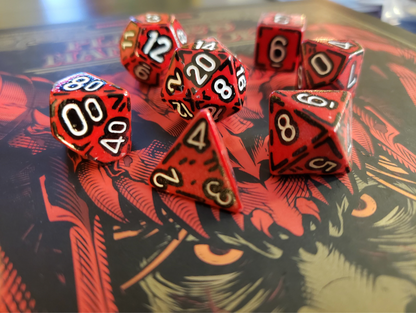 Red and White (7) Cel-Shaded Acrylic DnD Dice Set