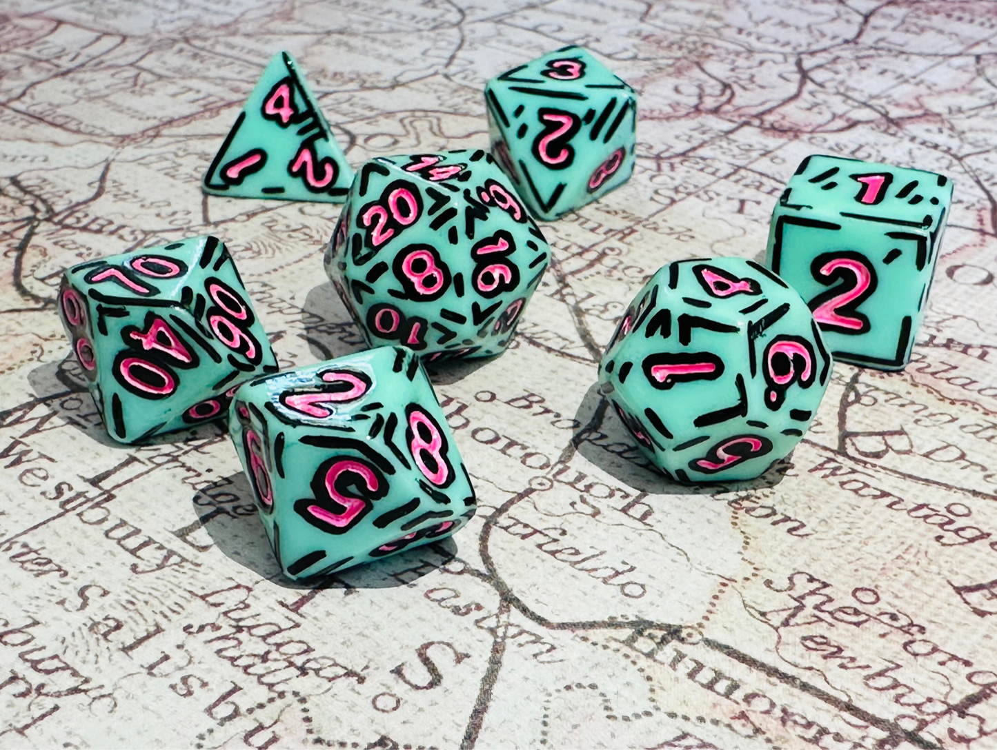 Diner Teal and Hot Pink (7) Acrylic DnD Dice Set