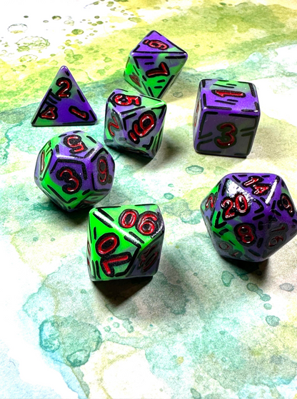 Joker Purple and Green (7) Cel-Shaded Acrylic DnD Dice Set