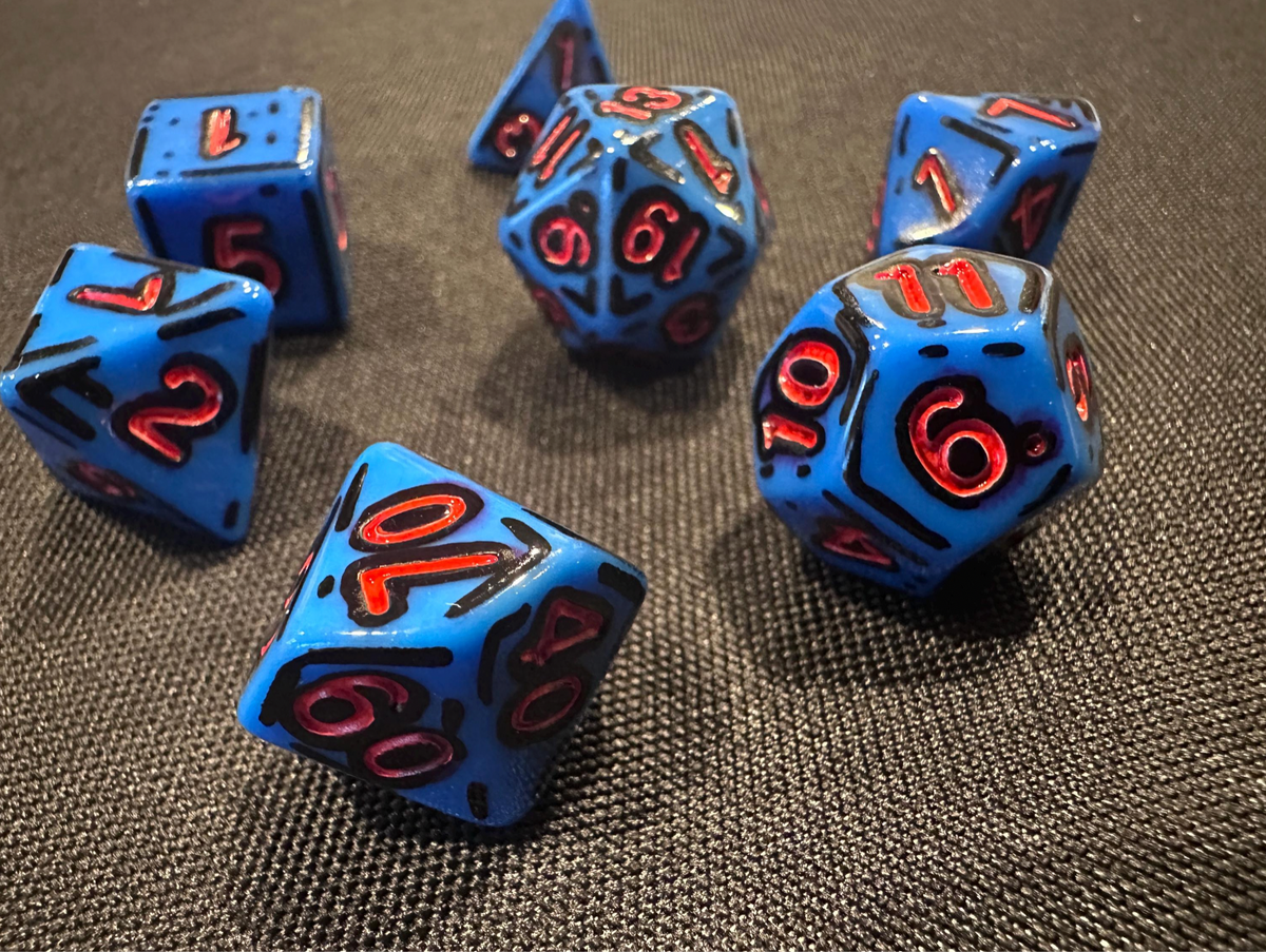 Blue and Red (7) Cel-Shaded Acrylic DnD Dice Set