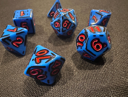 Blue and Red (7) Cel-Shaded Acrylic DnD Dice Set