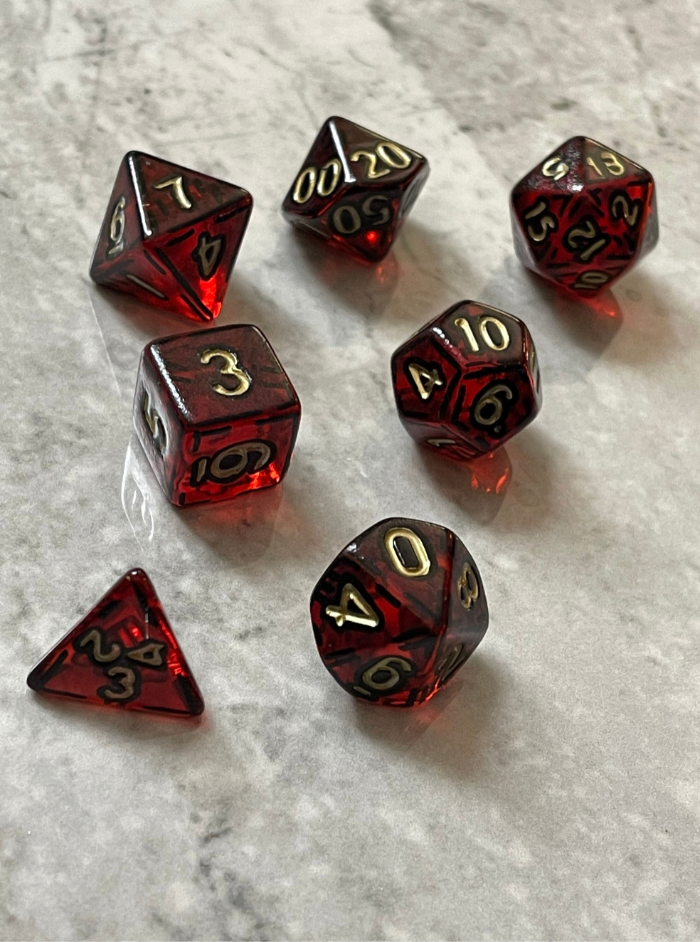 Frosted Red and Gold (7) Acrylic DnD Dice Set