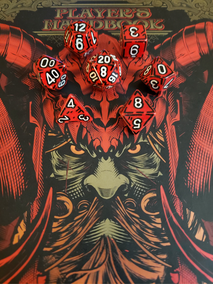 Red and White (7) Cel-Shaded Acrylic DnD Dice Set