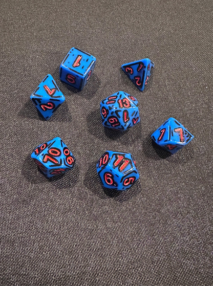 Blue and Red (7) Cel-Shaded Acrylic DnD Dice Set