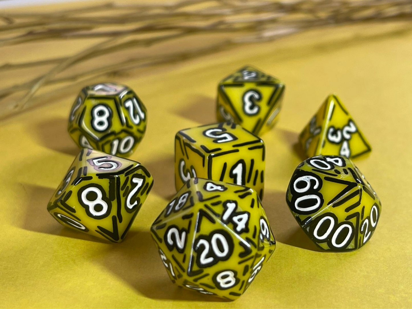 Yellow and White (7) Acrylic DnD Dice Set