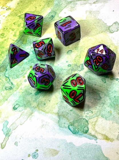 Joker Purple and Green (7) Cel-Shaded Acrylic DnD Dice Set