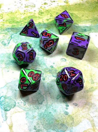 Joker Purple and Green (7) Cel-Shaded Acrylic DnD Dice Set