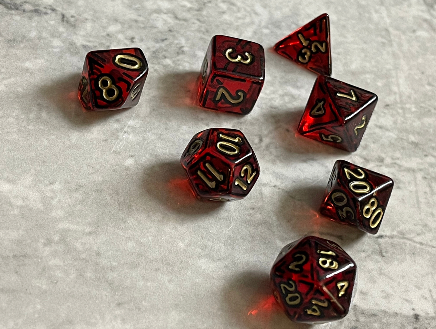 Frosted Red and Gold (7) Acrylic DnD Dice Set