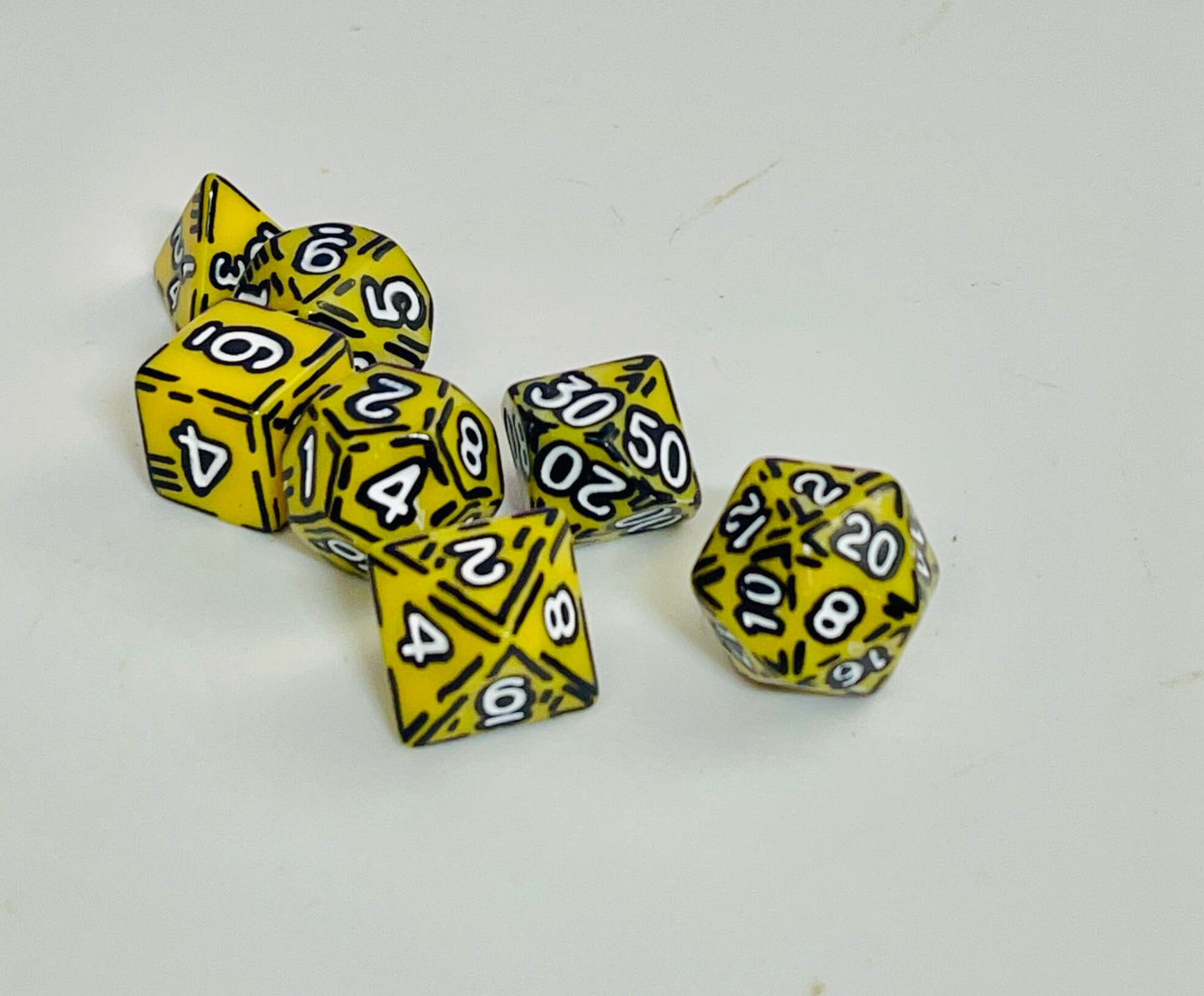 Yellow and White (7) Acrylic DnD Dice Set