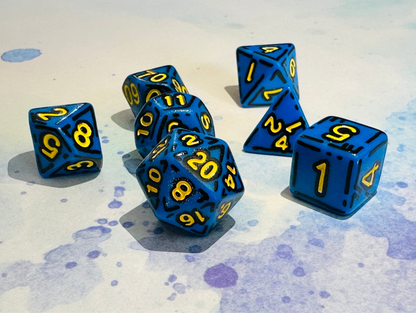 Blue and Yellow (7) Cel-Shaded Acrylic DnD Dice Set